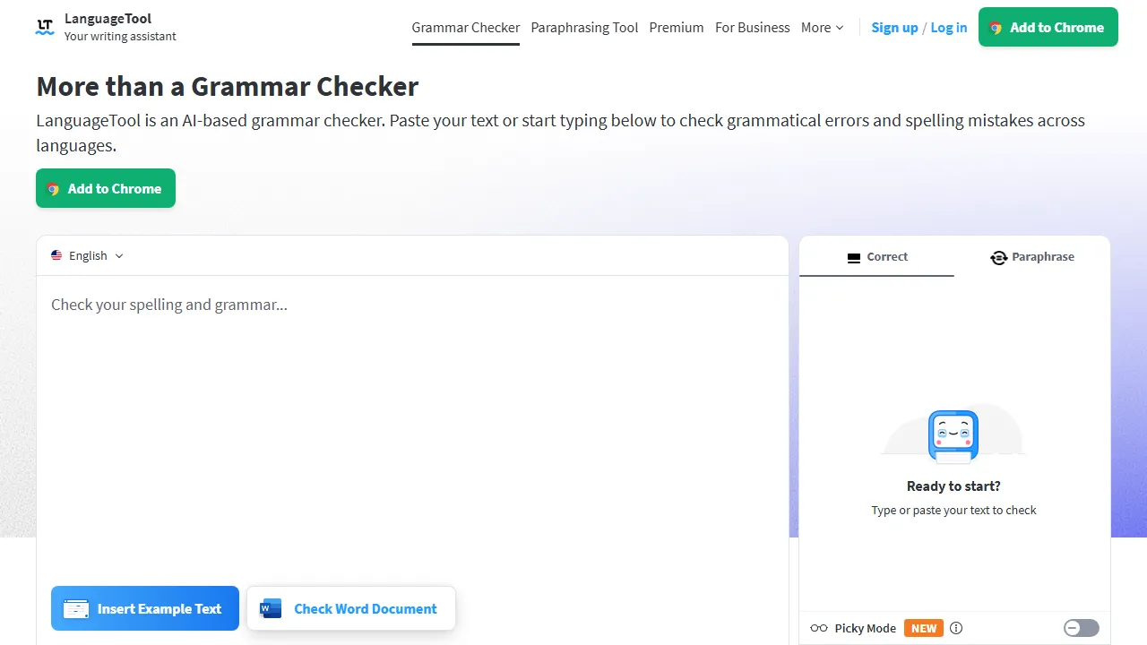 LanguageTool homepage, writing AI tool