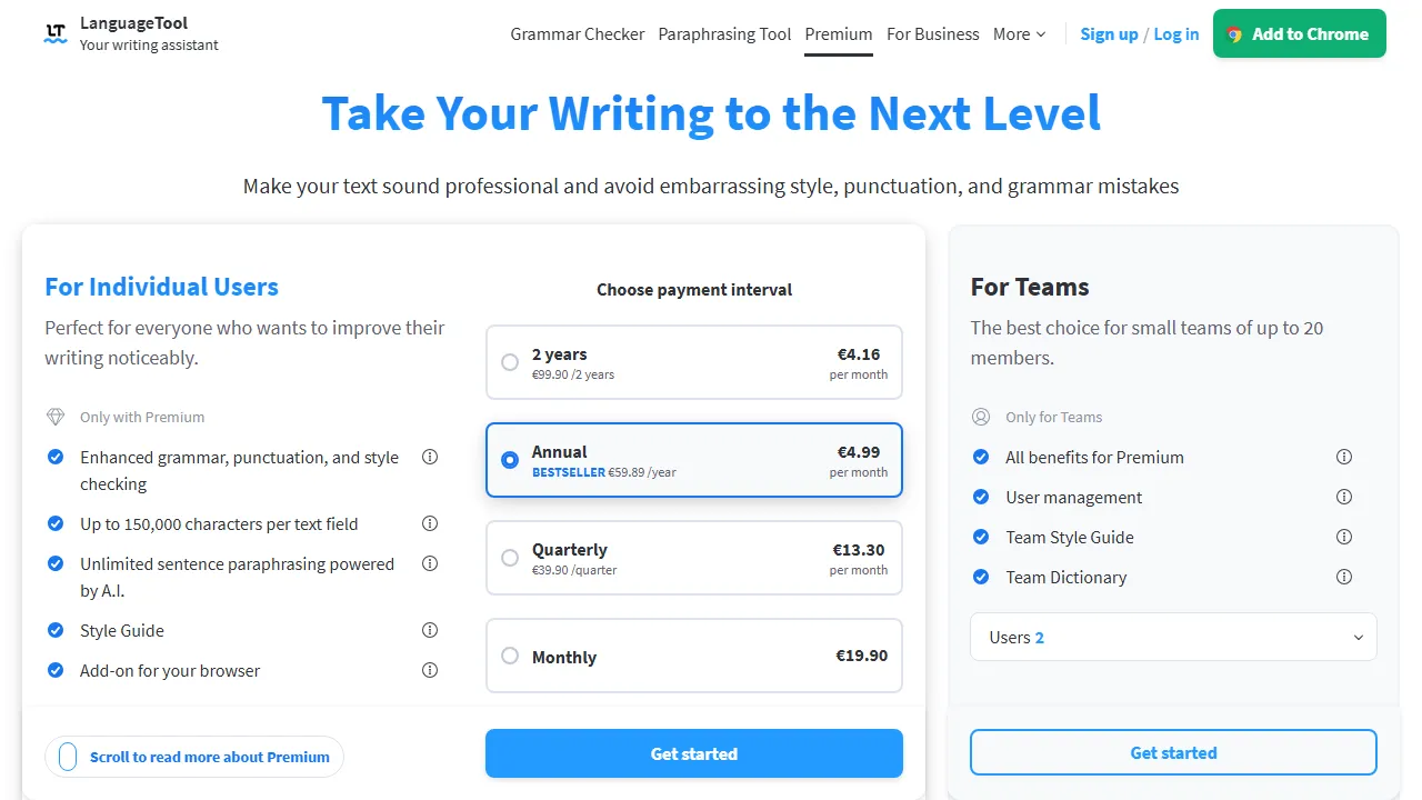 LanguageTool pricing page: plans and rates