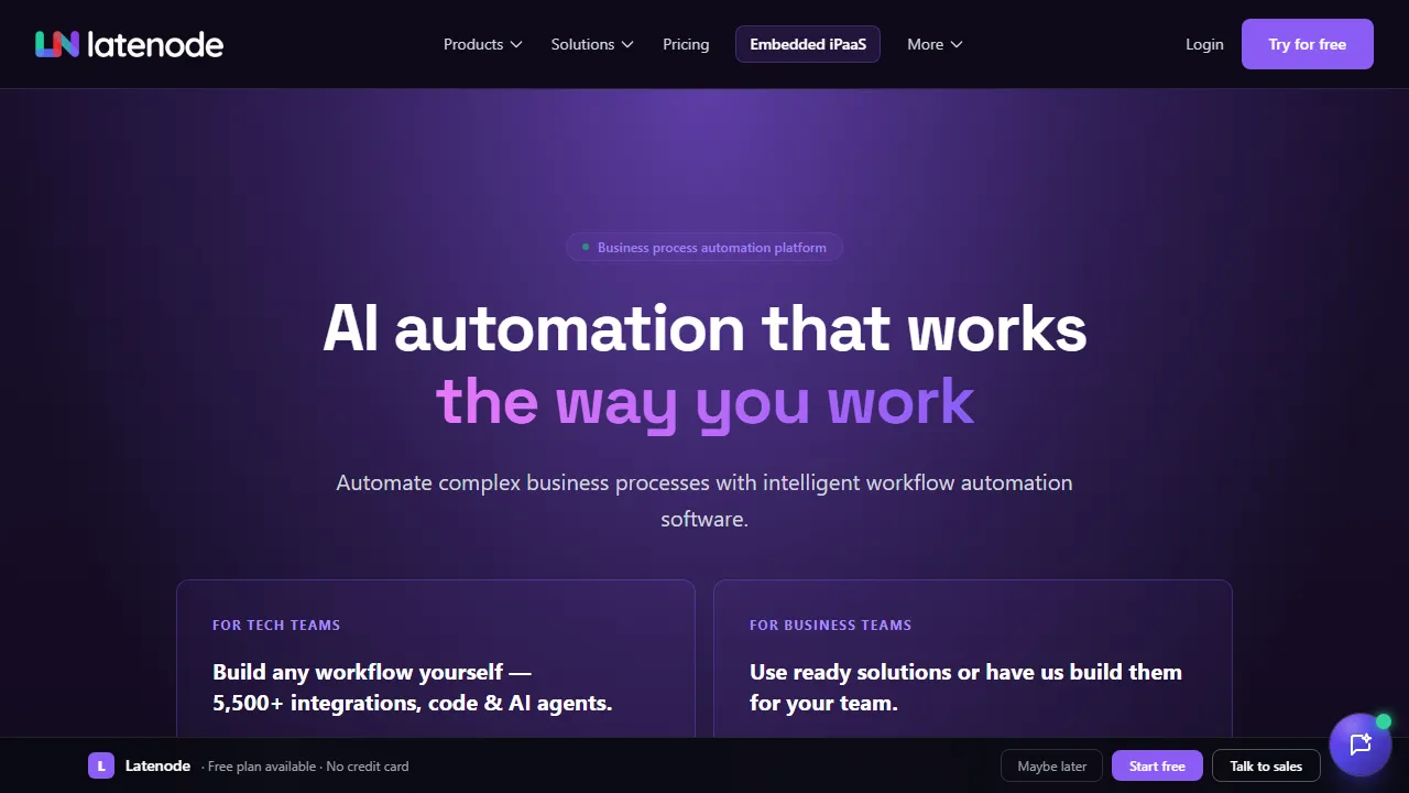 Latenode homepage, automation AI tool