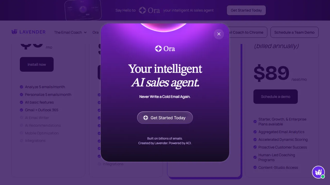 Lavender pricing page: plans and rates