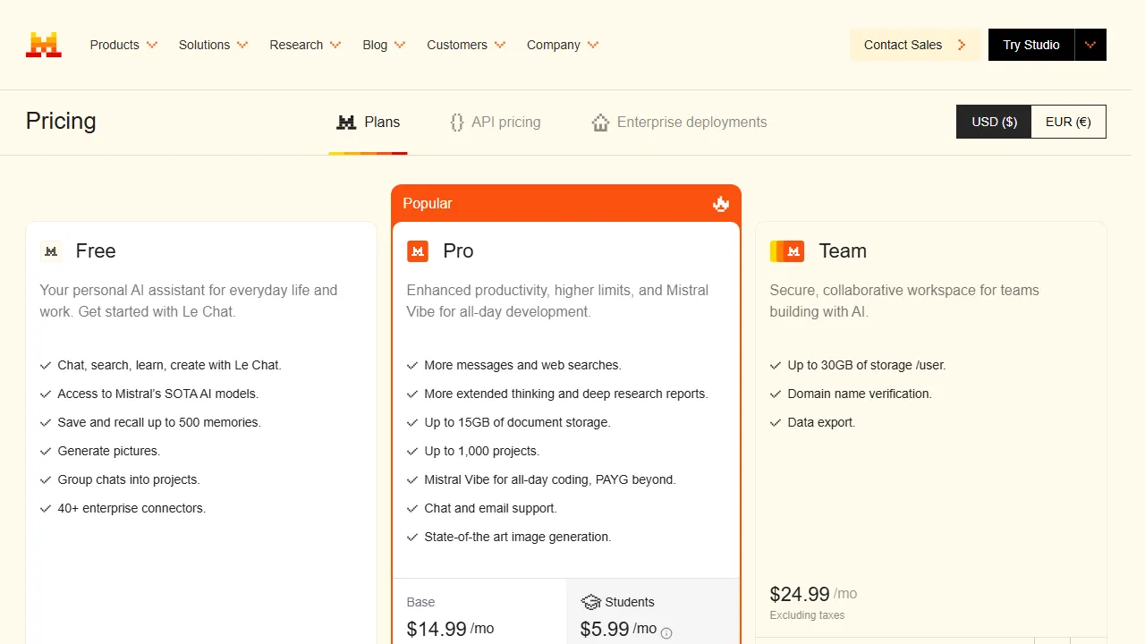 Le Chat pricing page: plans and rates