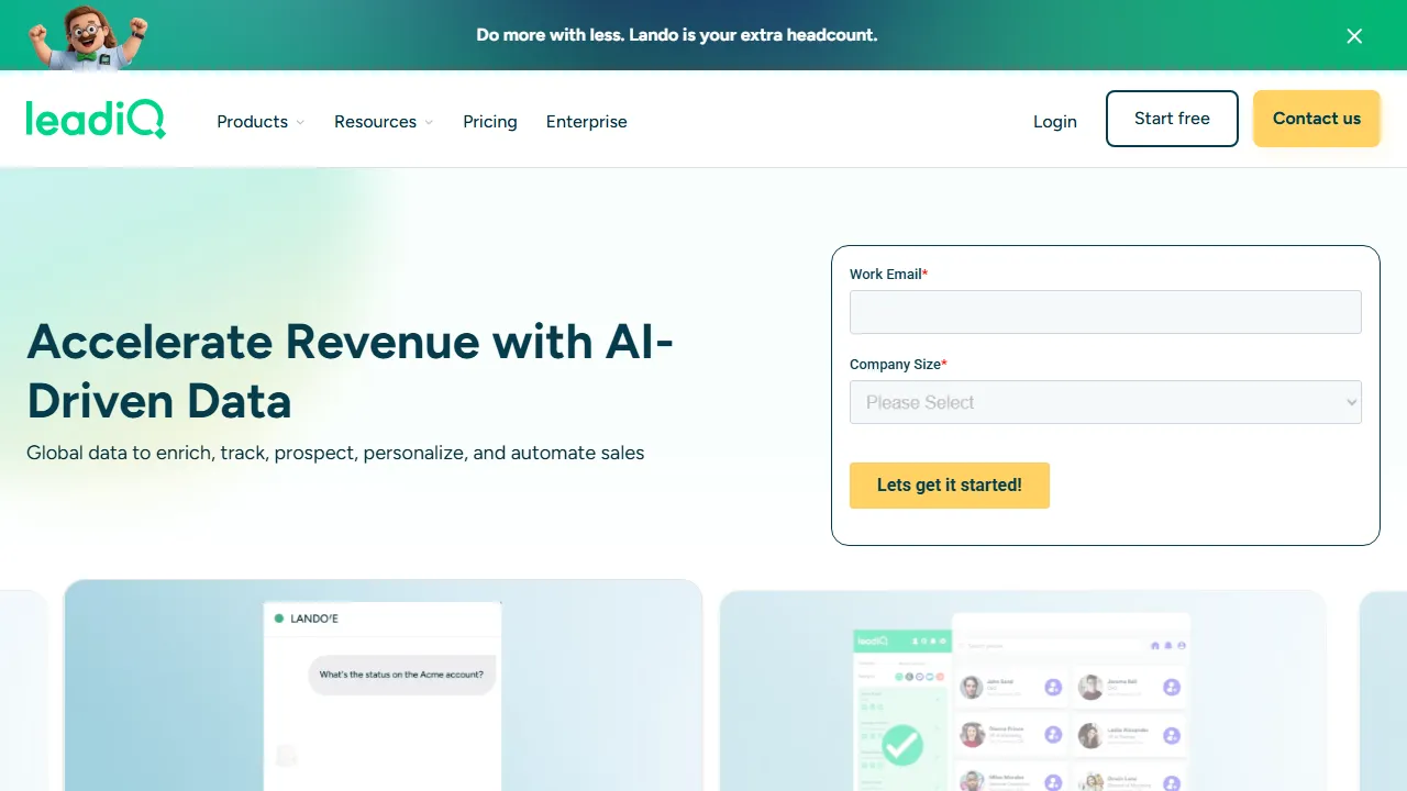 LeadIQ homepage, marketing & seo AI tool