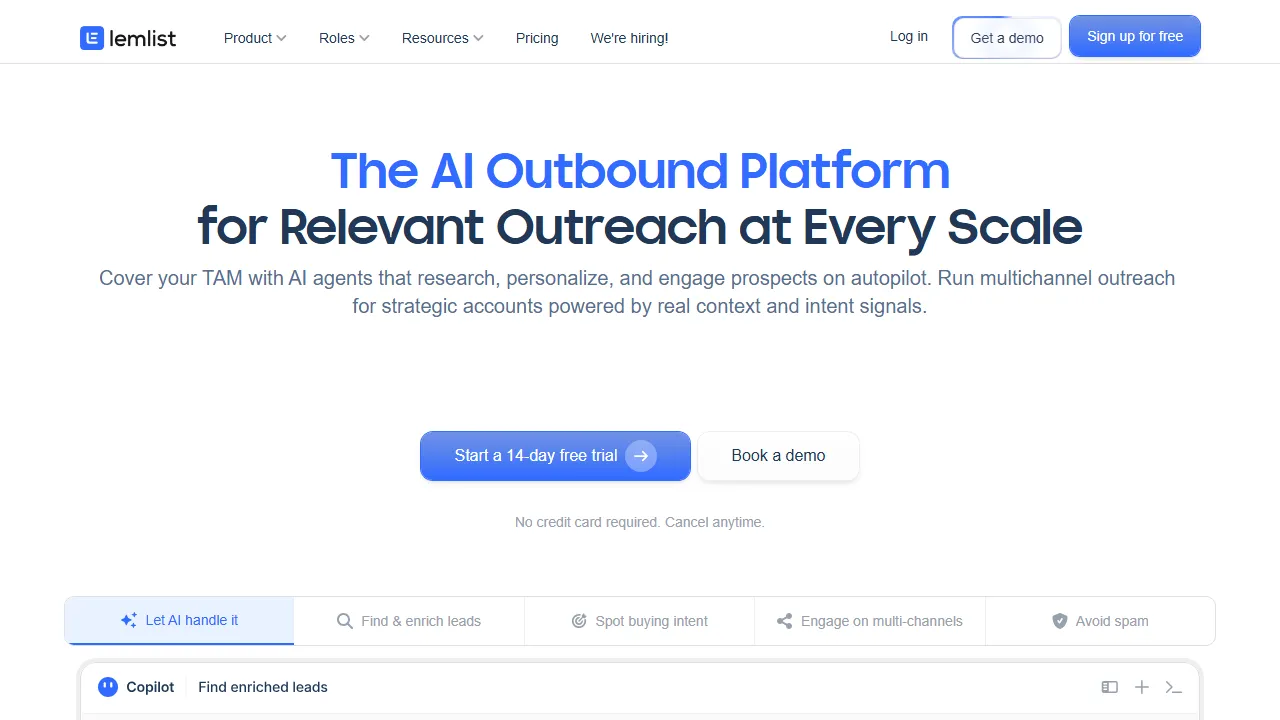 Lemlist homepage, marketing & seo AI tool