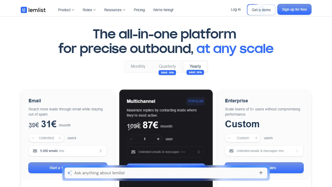 Lemlist pricing page: plans and rates