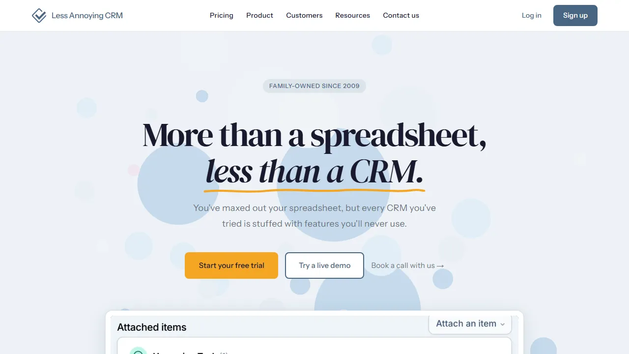 Less Annoying CRM homepage, customer support & sales AI tool