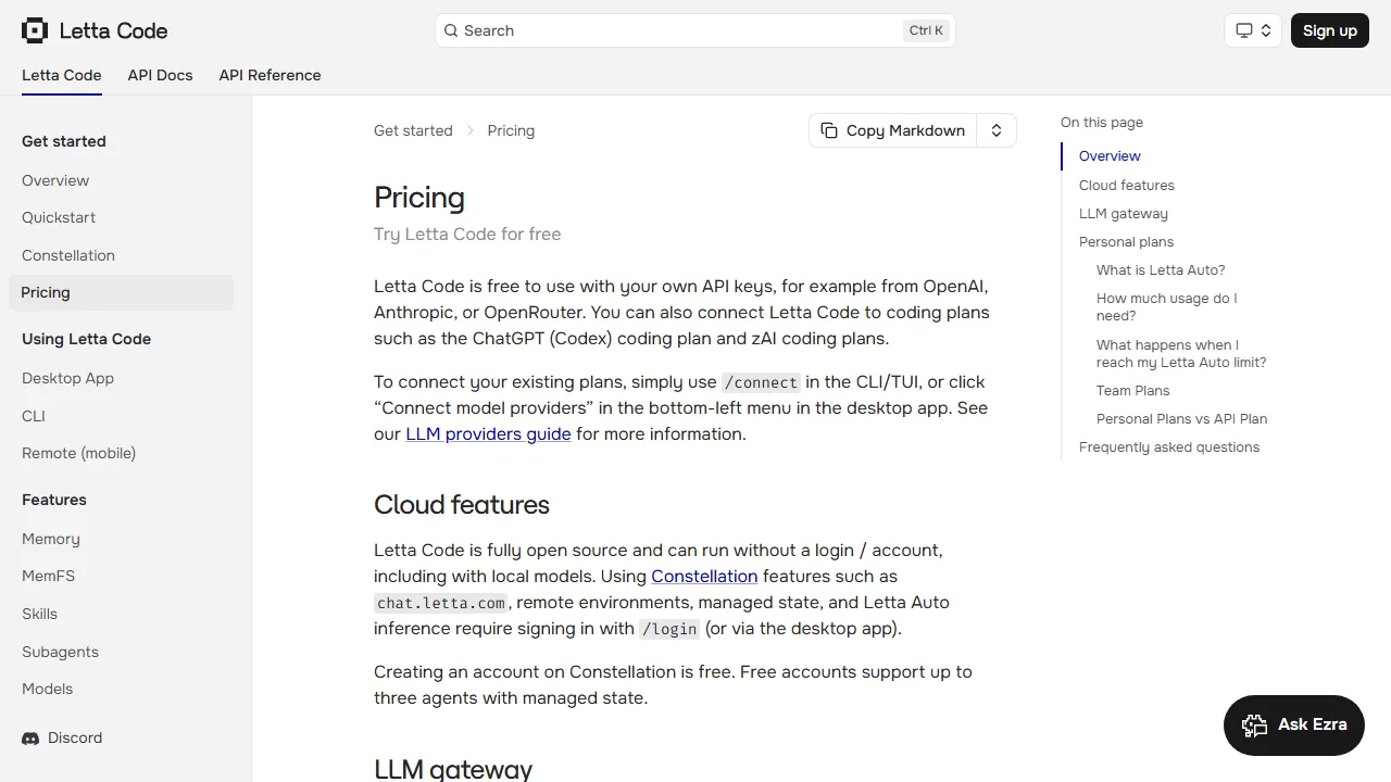 Letta pricing page: plans and rates