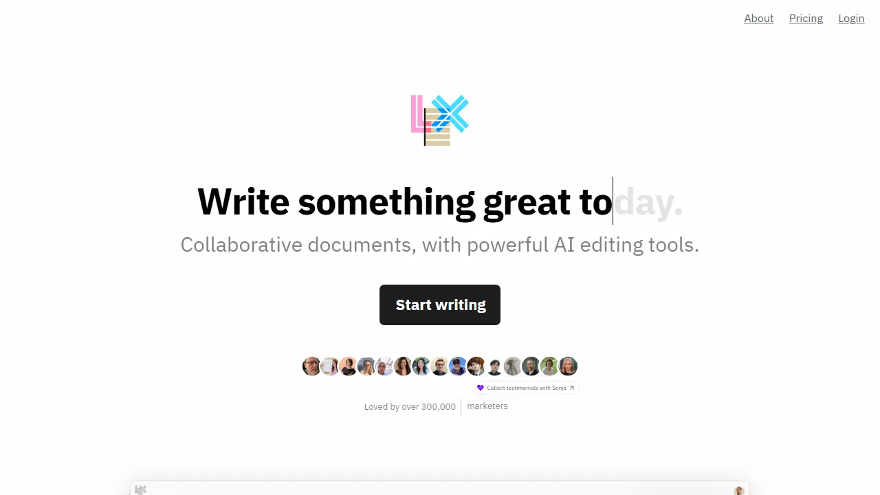 Lex homepage, writing AI tool