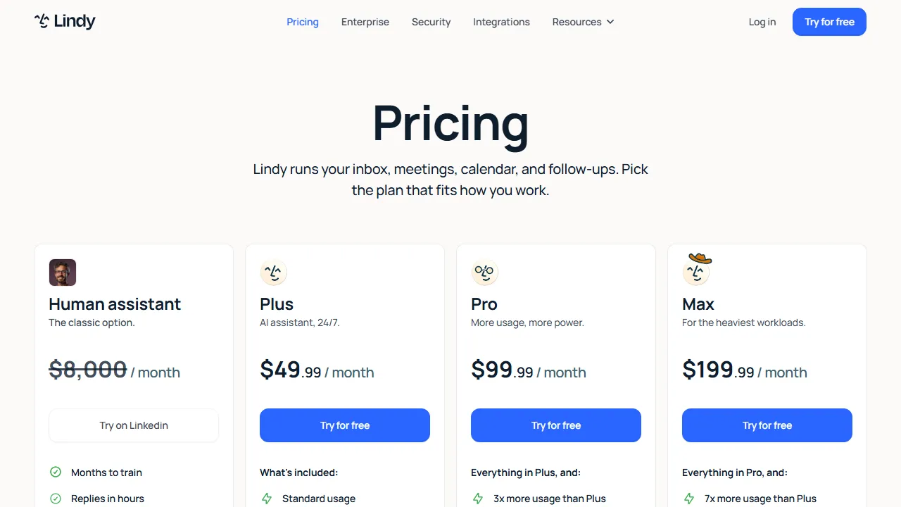 Lindy pricing page: plans and rates