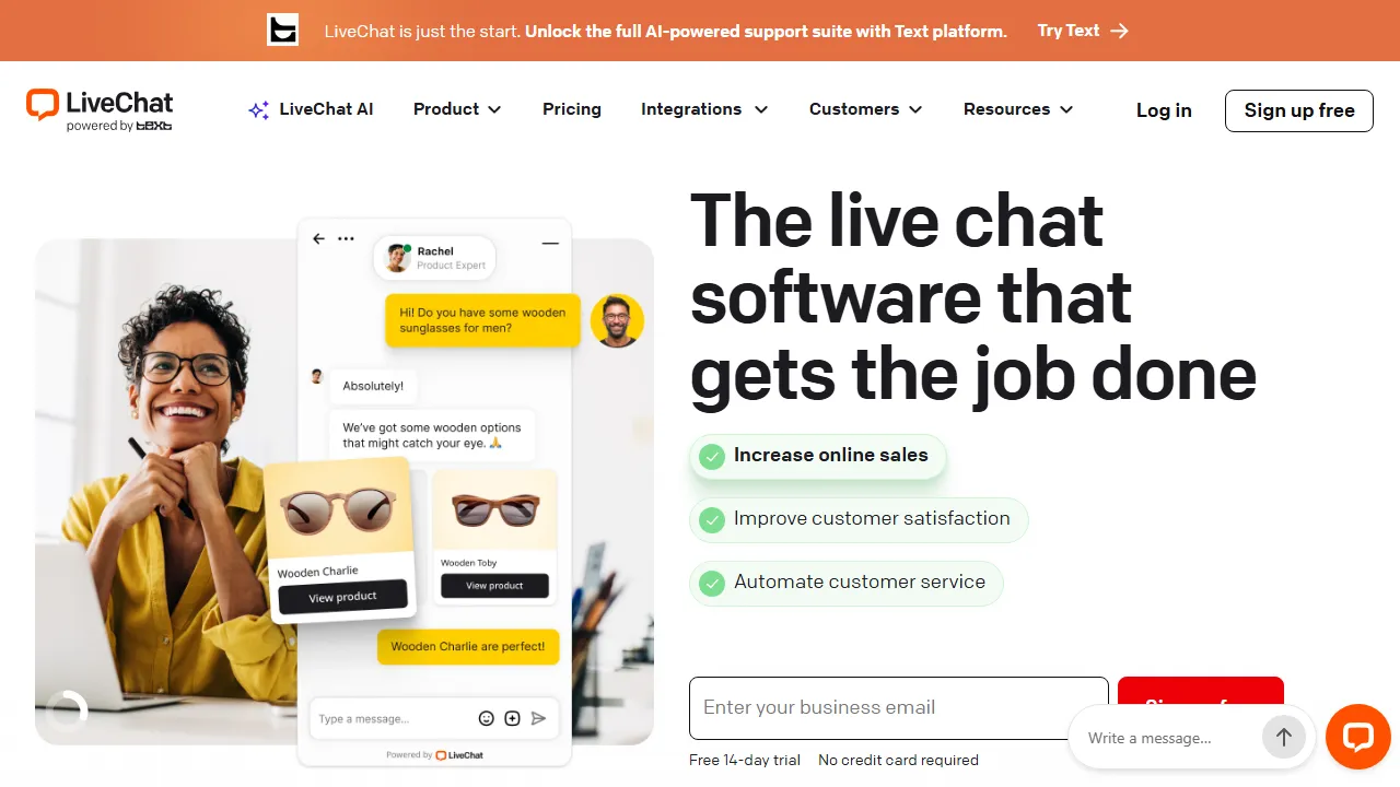 LiveChat AI homepage, customer support & sales AI tool