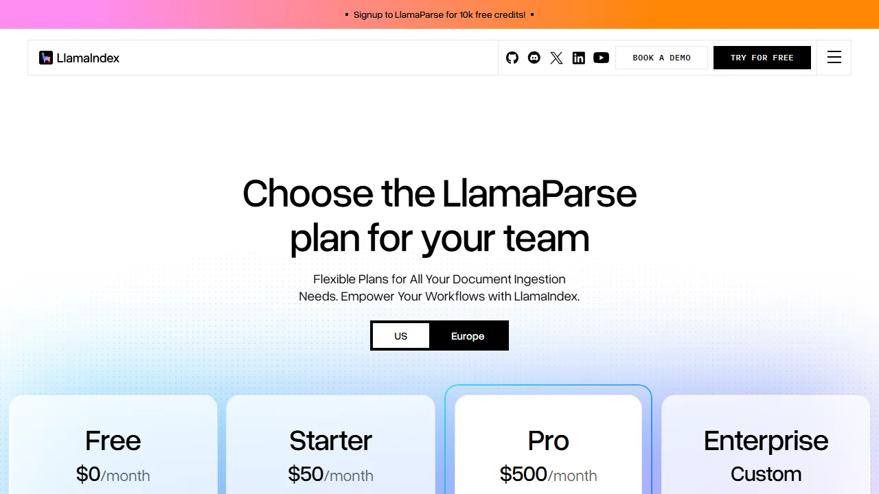 LlamaIndex pricing page: plans and rates