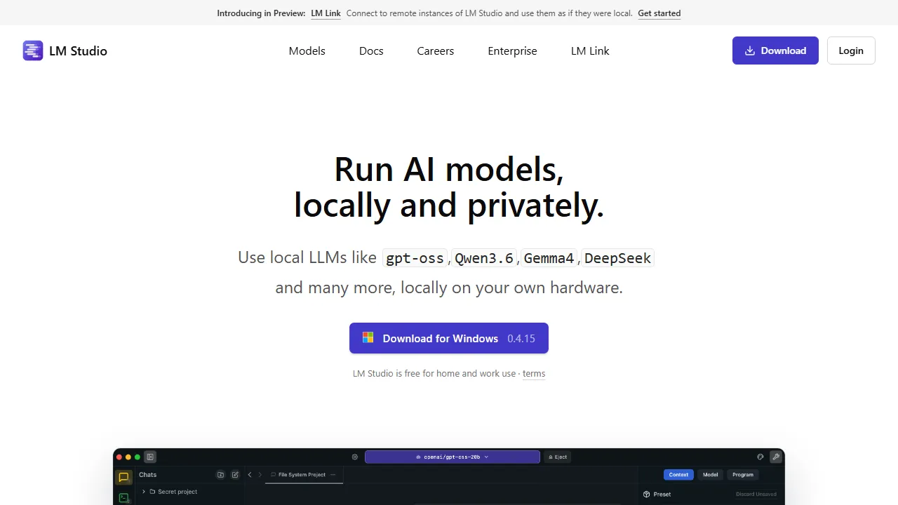 LM Studio homepage, chat & models AI tool