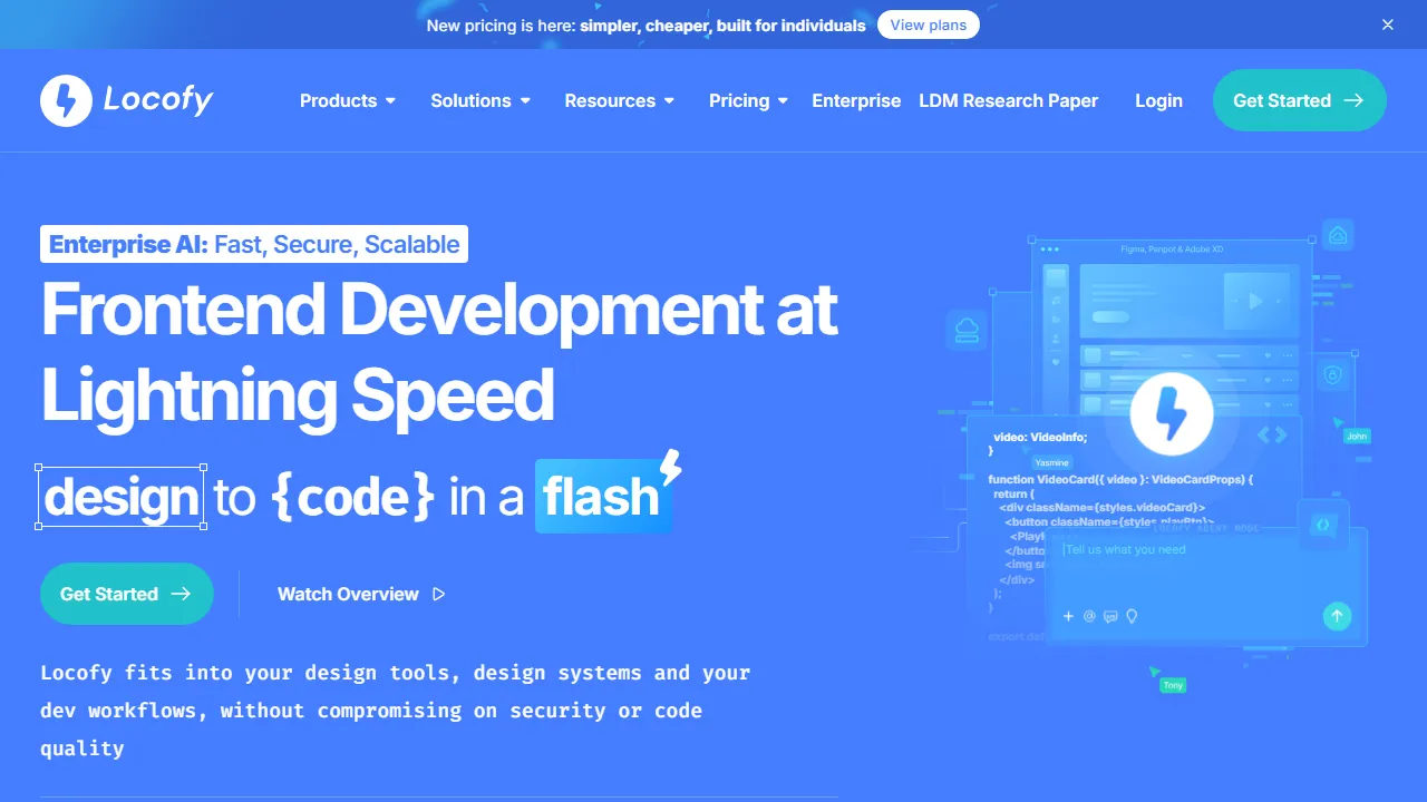 Locofy homepage, code AI tool