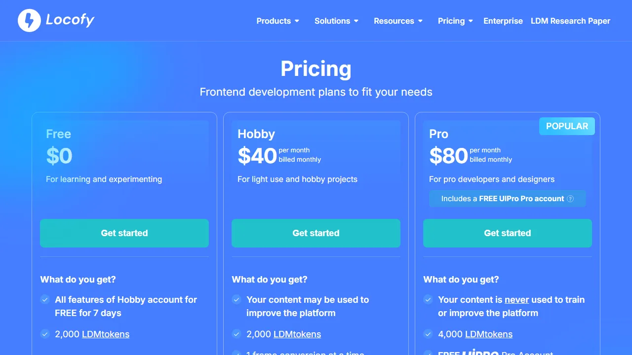 Locofy pricing page: plans and rates