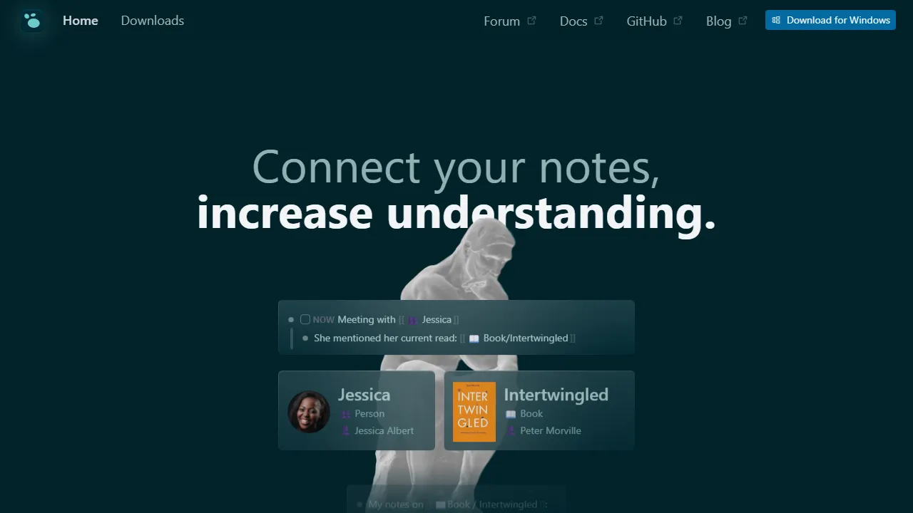 Logseq homepage, productivity AI tool