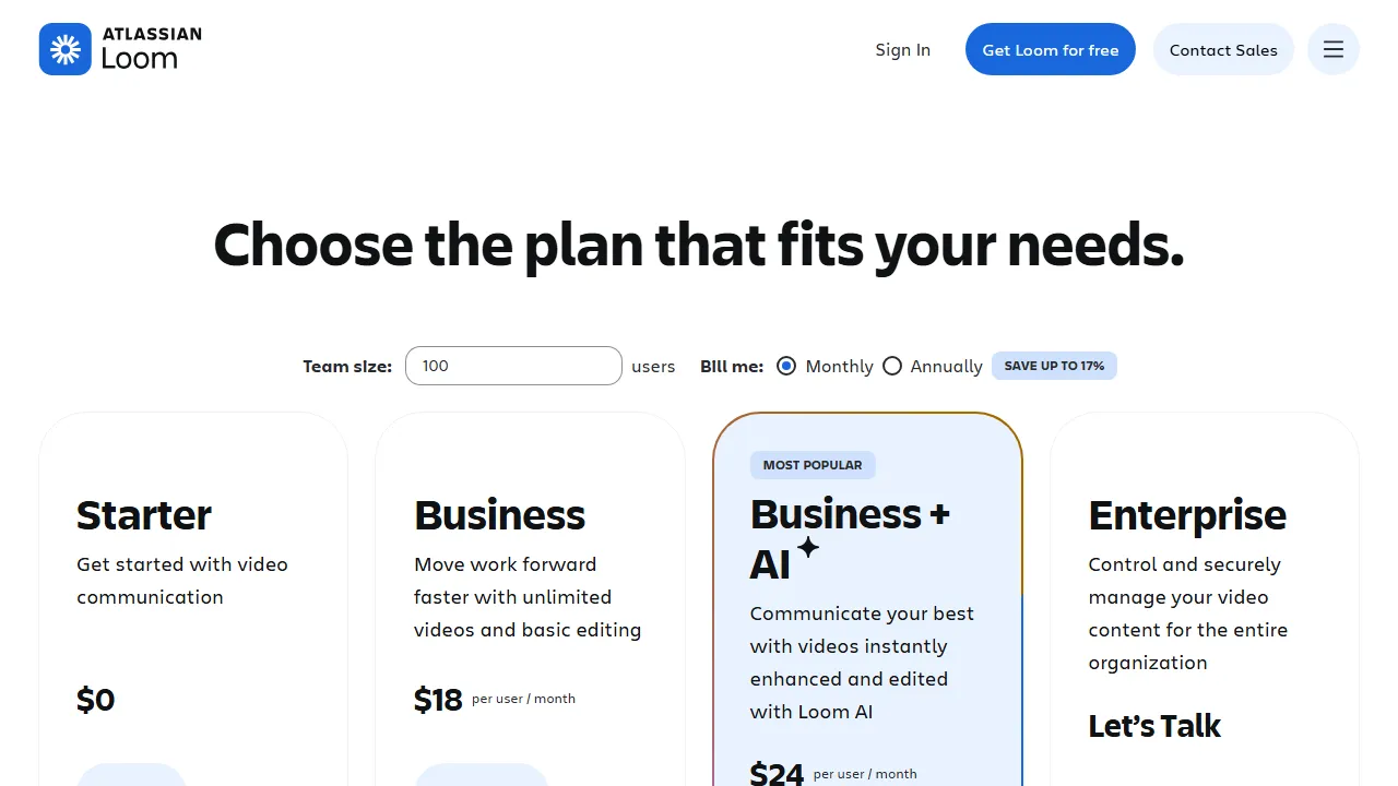 Loom AI pricing page: plans and rates