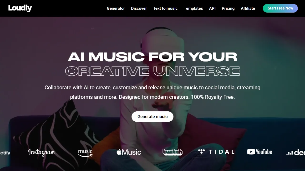 Loudly homepage, music AI tool