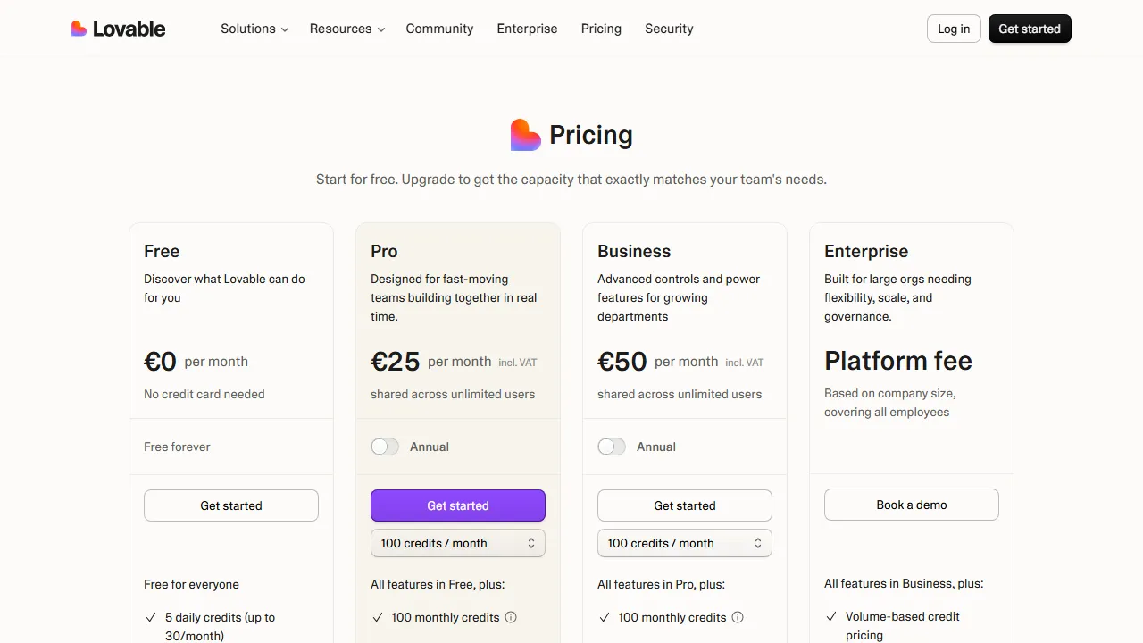 Lovable pricing page: plans and rates