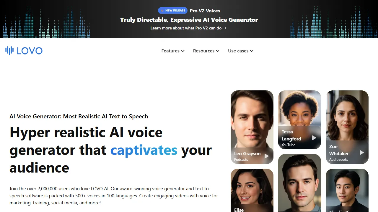 Lovo homepage, voice & audio AI tool