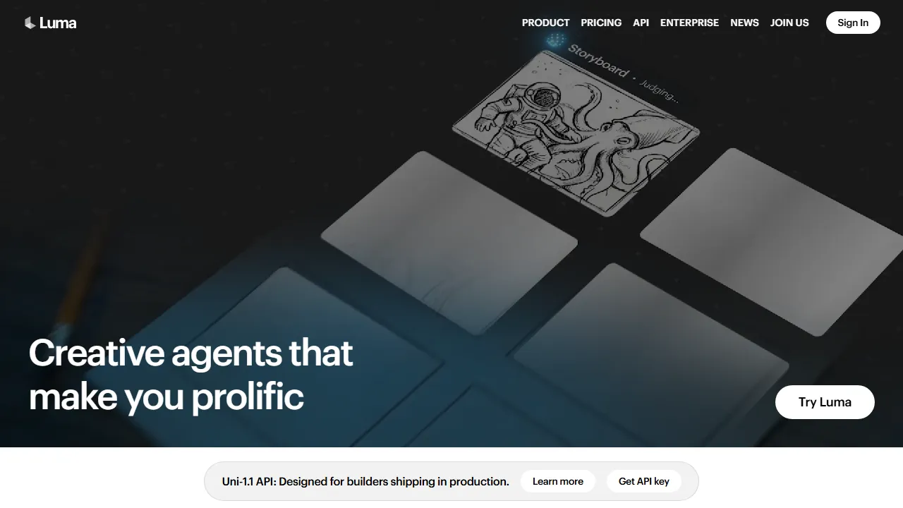 Luma Dream Machine homepage, video AI tool