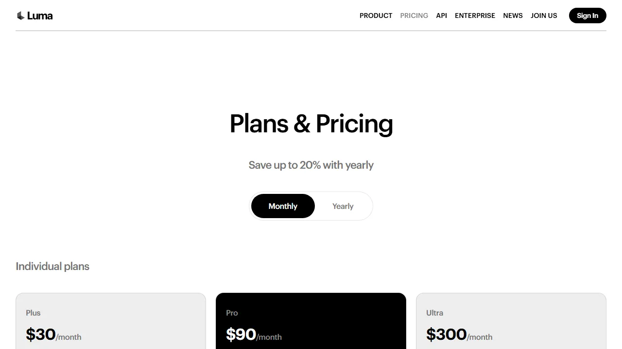 Luma Dream Machine pricing page: plans and rates