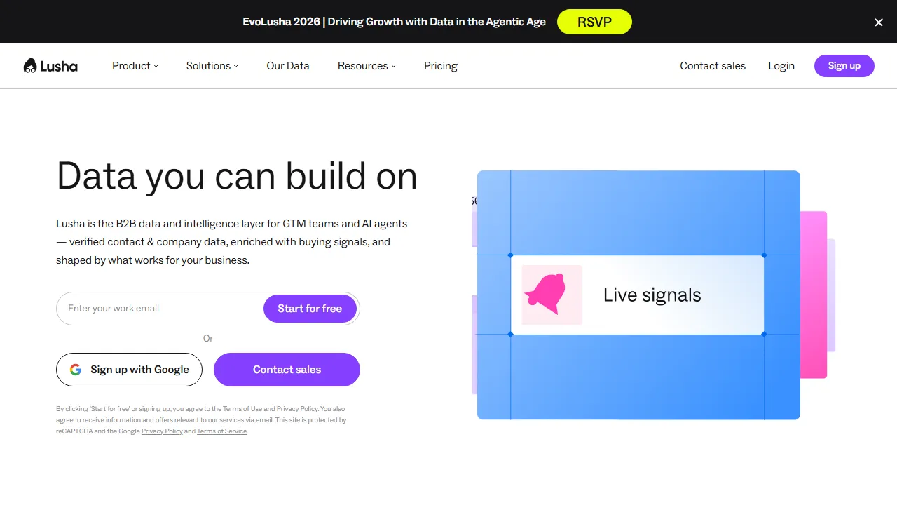 Lusha homepage, marketing & seo AI tool
