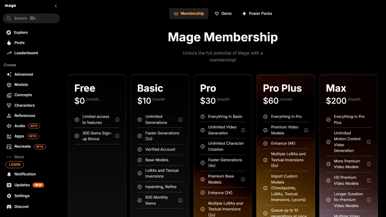 Mage Space pricing page: plans and rates