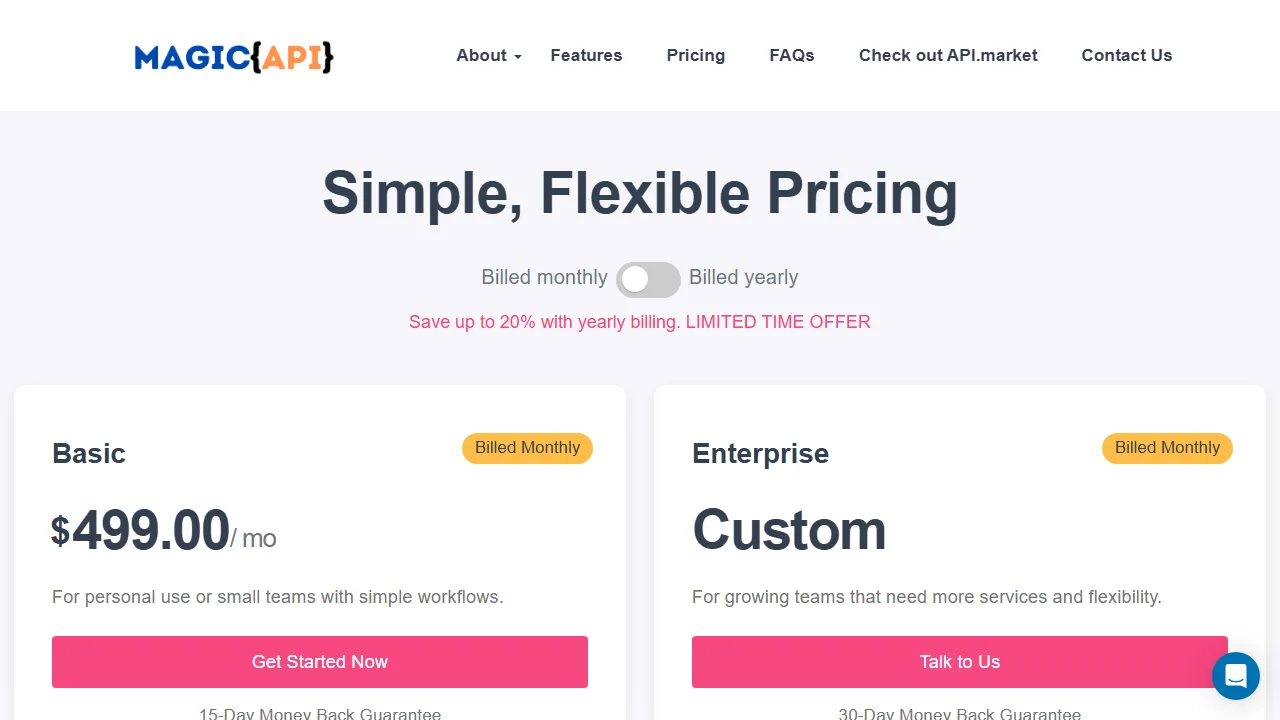 MagicAPI pricing page: plans and rates