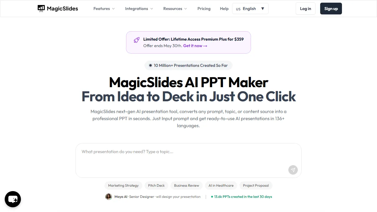Magicslides homepage, presentation AI tool