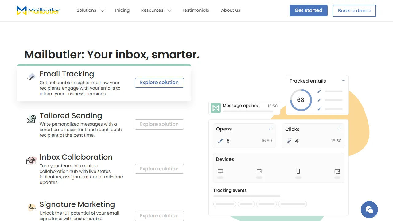 Mailbutler homepage, productivity AI tool