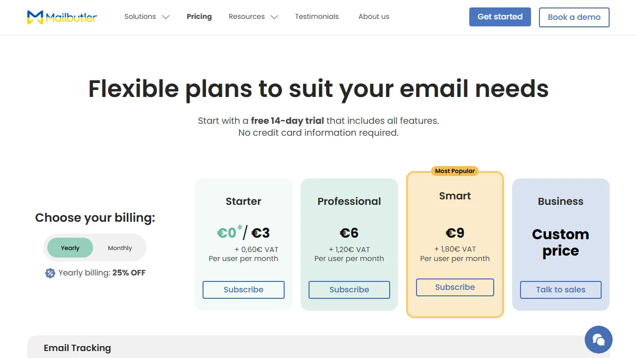 Mailbutler pricing page: plans and rates