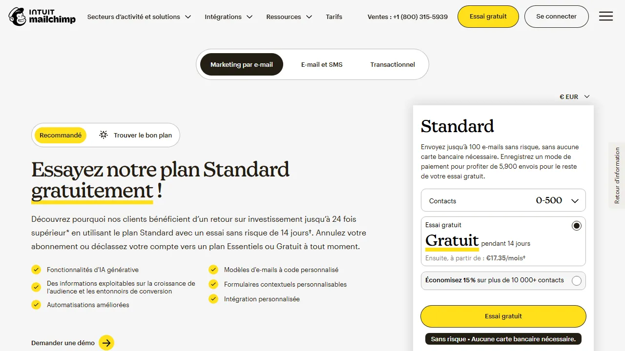 Mailchimp AI pricing page: plans and rates
