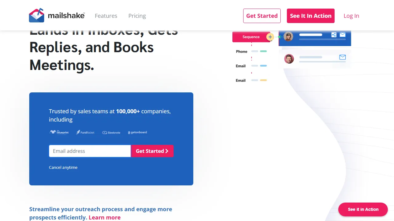 Mailshake homepage, marketing & seo AI tool