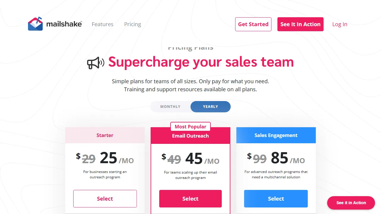 Mailshake pricing page: plans and rates