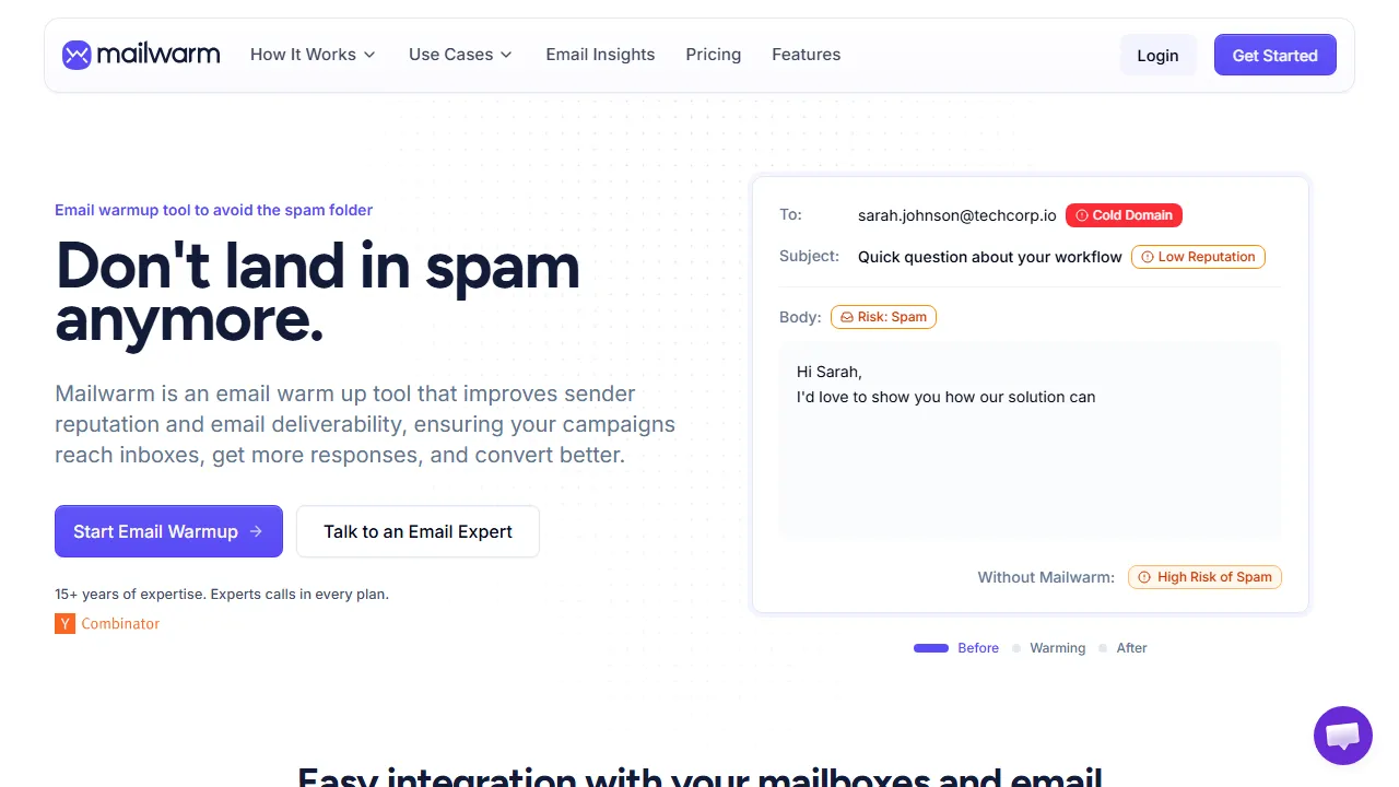 Mailwarm homepage, marketing & seo AI tool