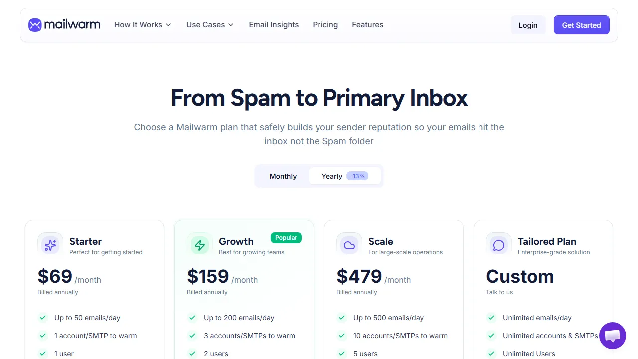 Mailwarm pricing page: plans and rates
