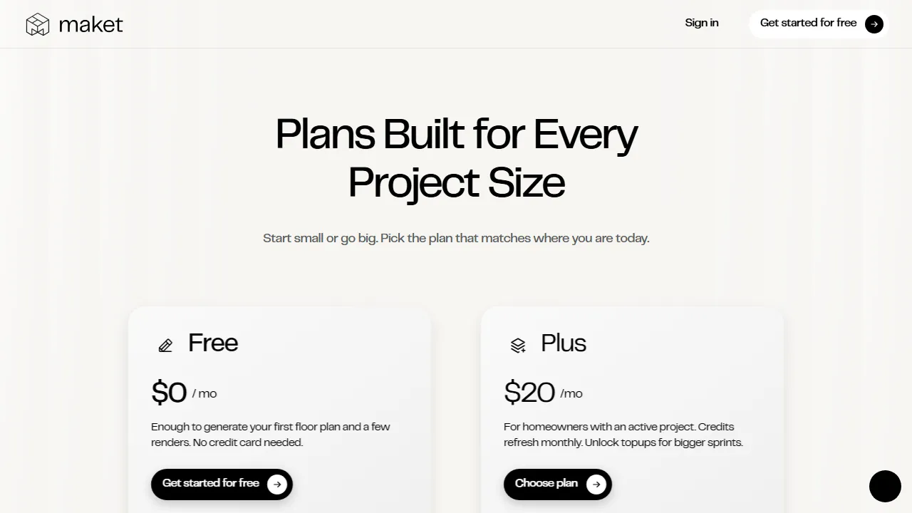 Maket pricing page: plans and rates
