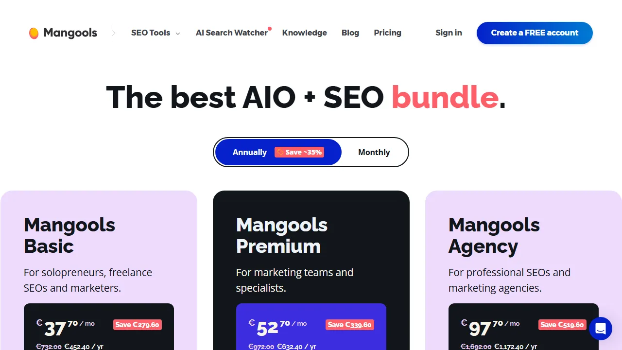 Mangools pricing page: plans and rates