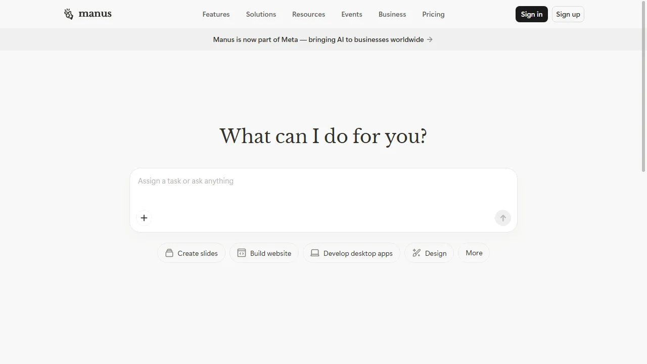 Manus homepage, ai agents AI tool