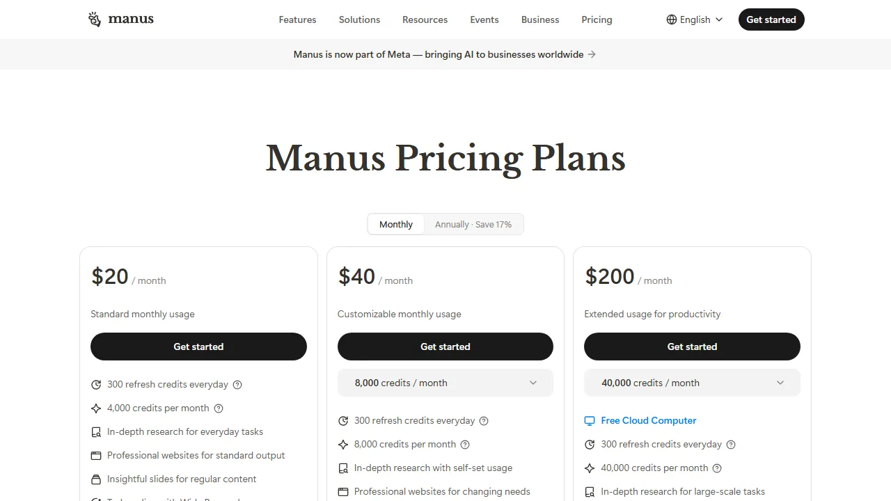 Manus pricing page: plans and rates