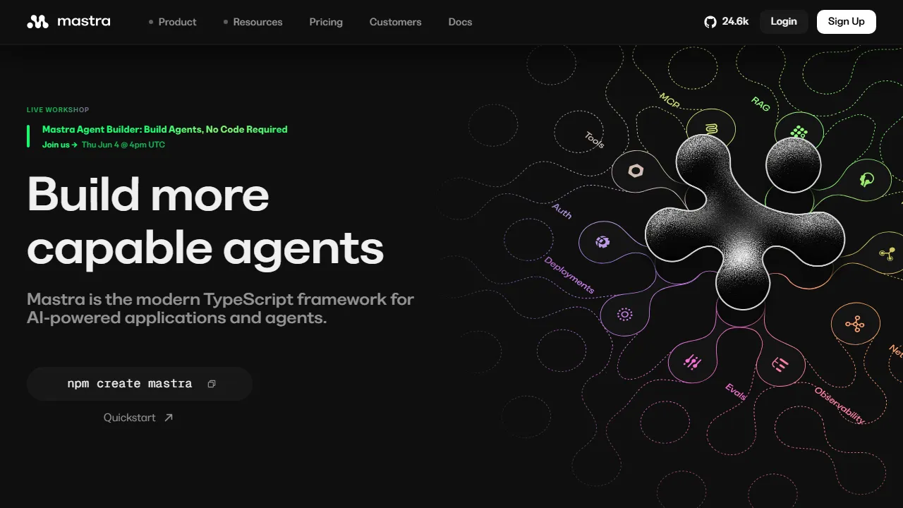Mastra homepage, ai agents AI tool
