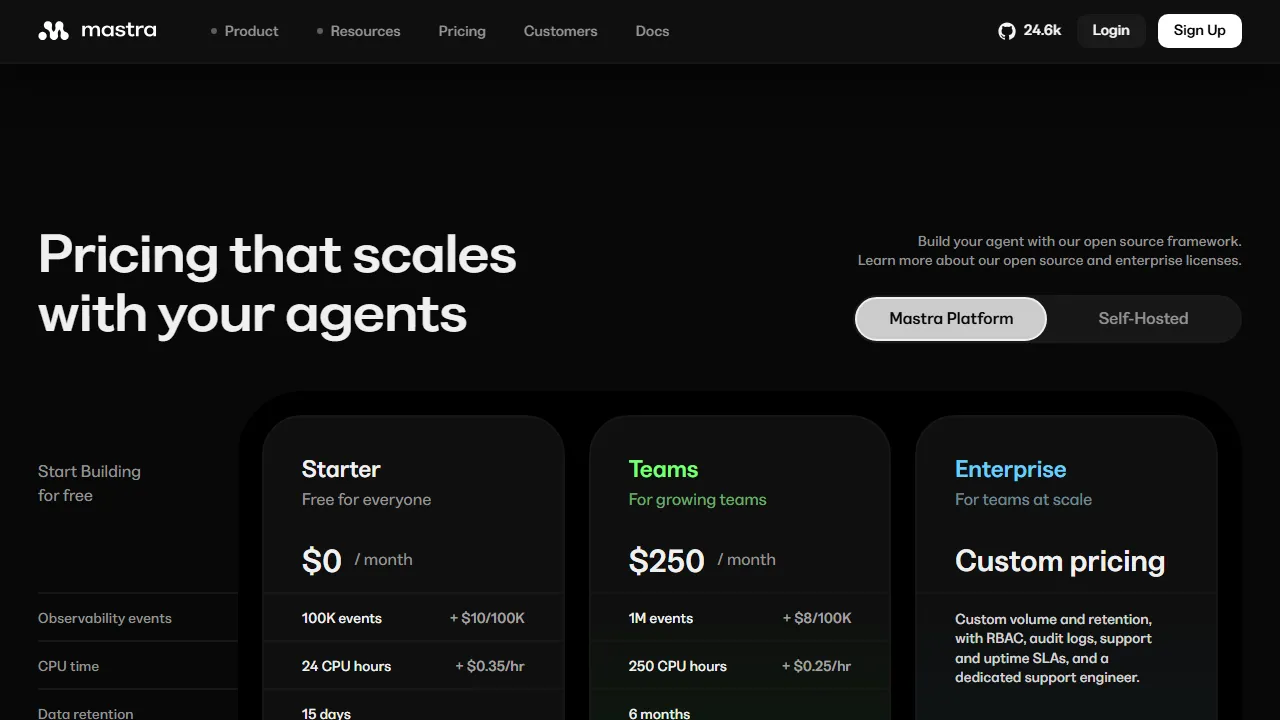 Mastra pricing page: plans and rates
