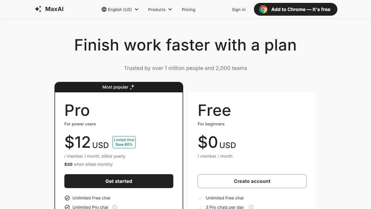 MaxAI pricing page: plans and rates