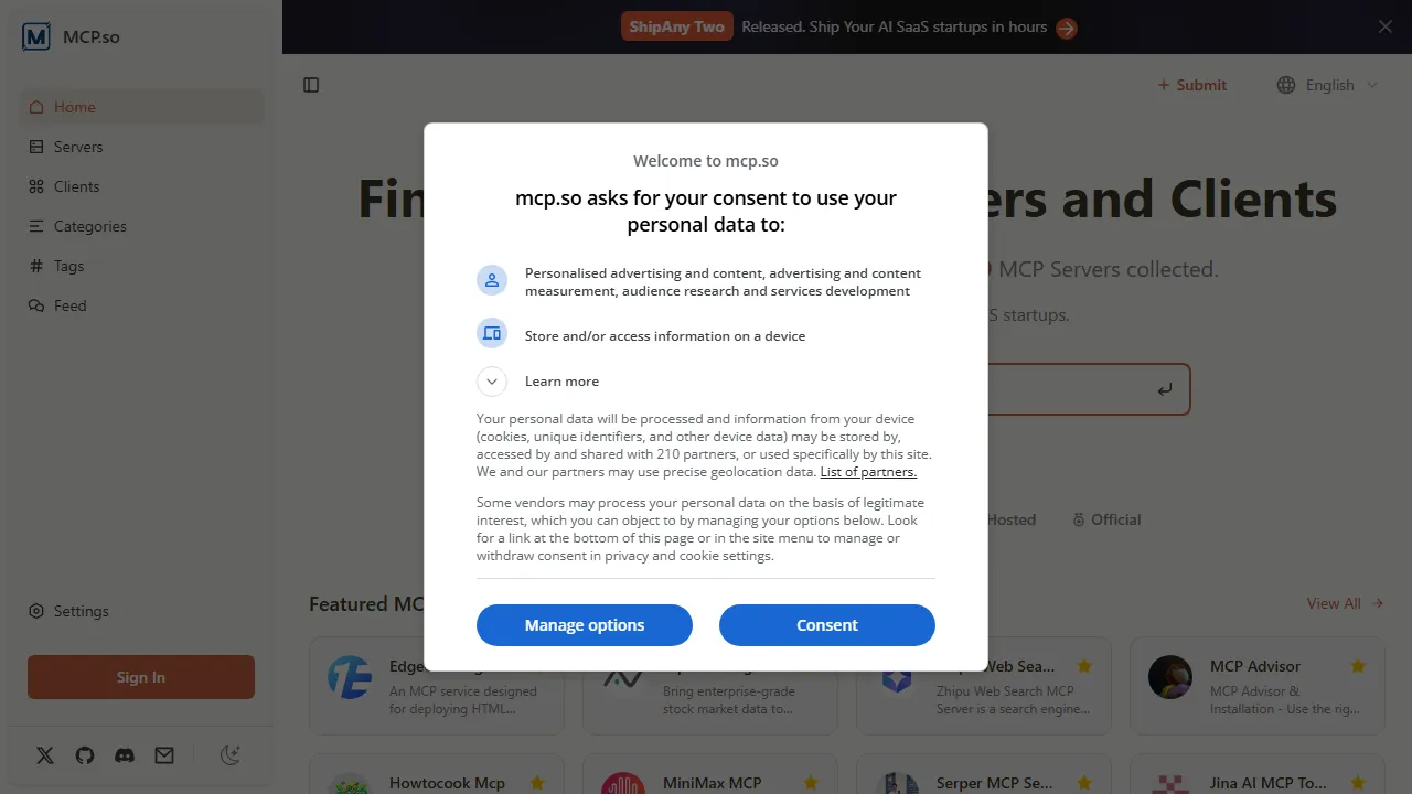 MCP.so homepage, mcp & connectors AI tool