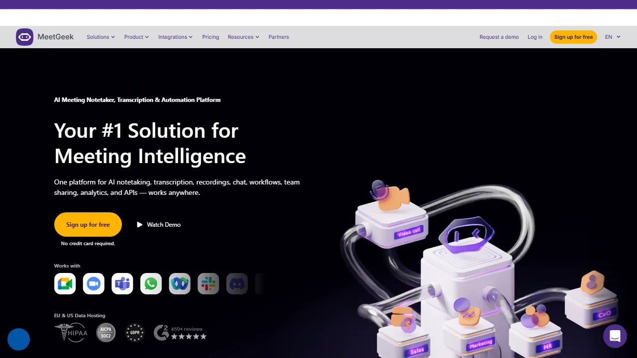 MeetGeek homepage, transcription & meetings AI tool