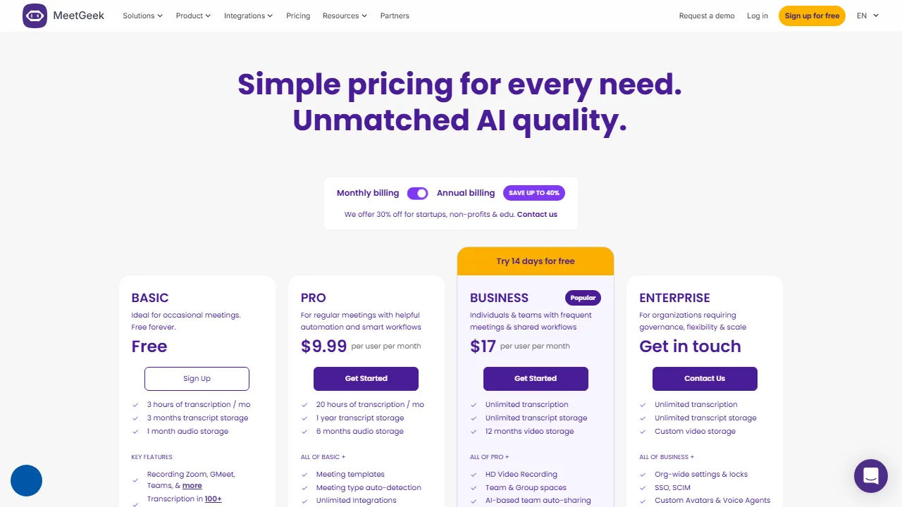 MeetGeek pricing page: plans and rates