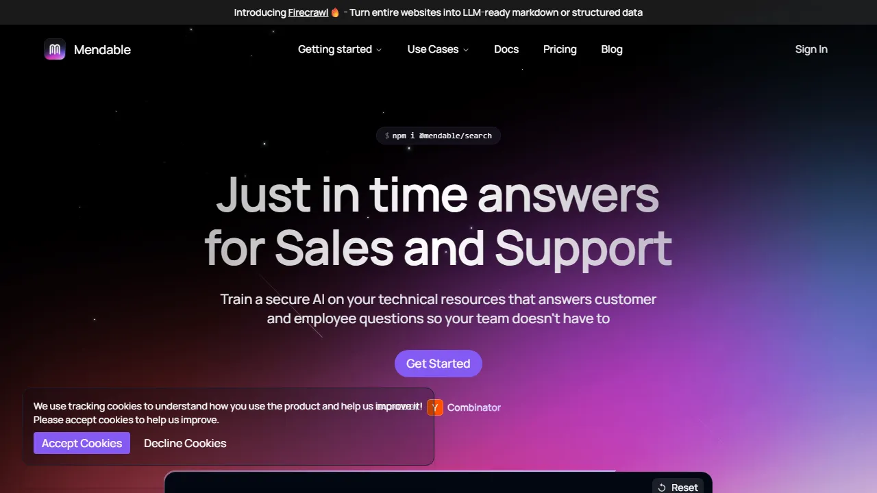 Mendable homepage, code AI tool