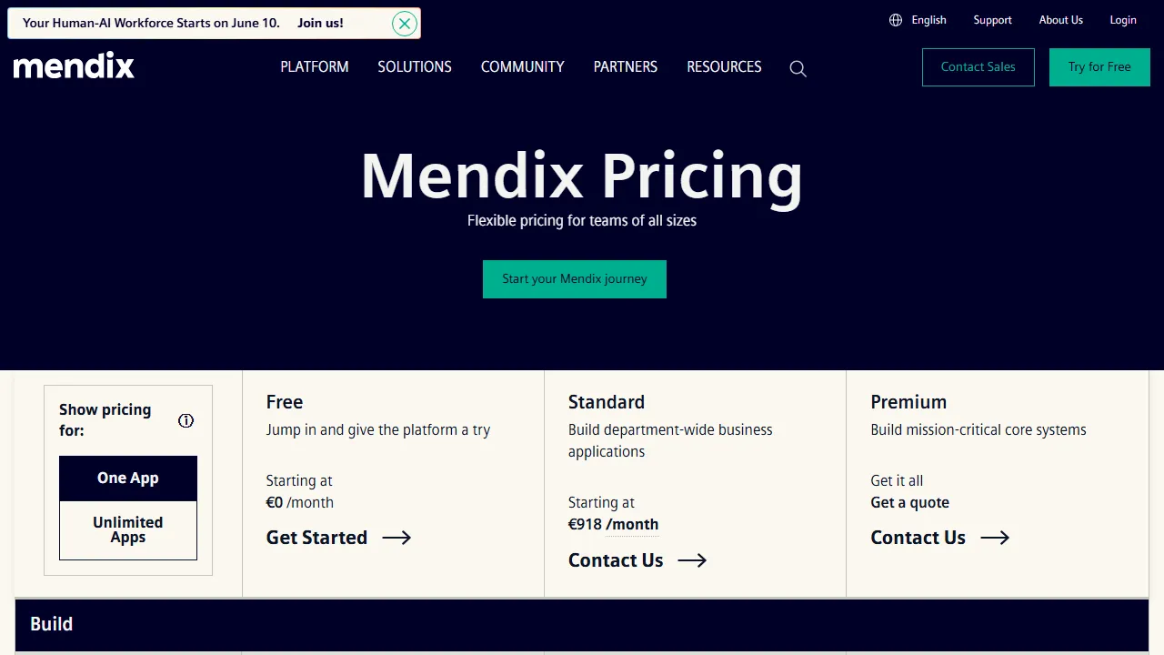 Mendix pricing page: plans and rates
