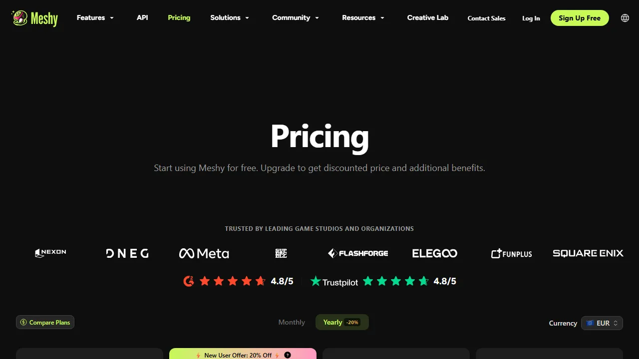 Meshy pricing page: plans and rates