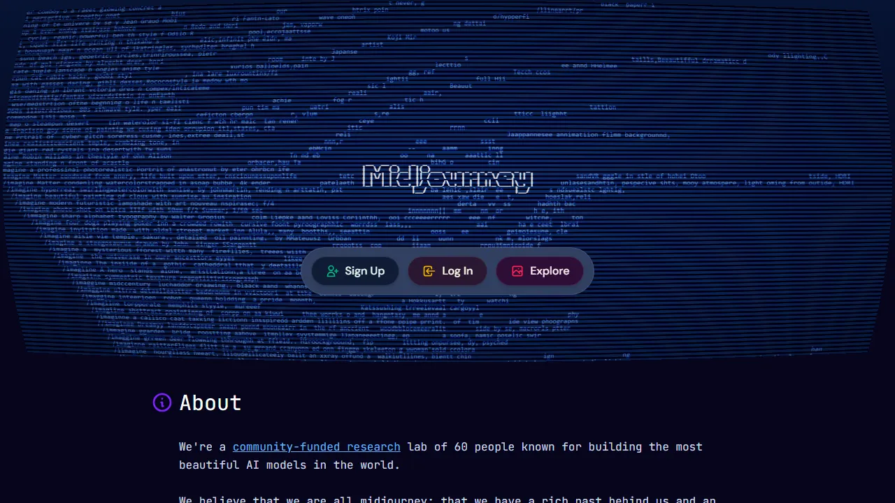 Midjourney homepage, image AI tool