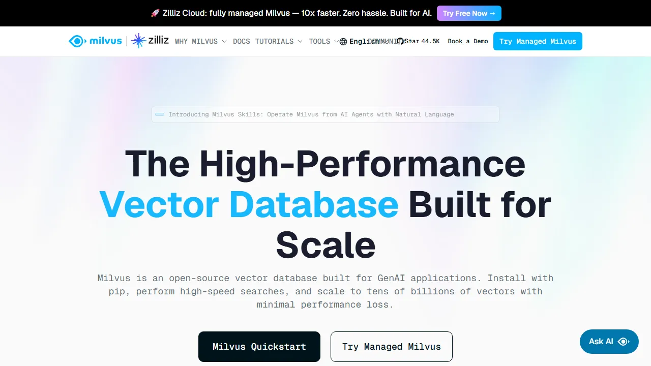 Milvus homepage, code AI tool